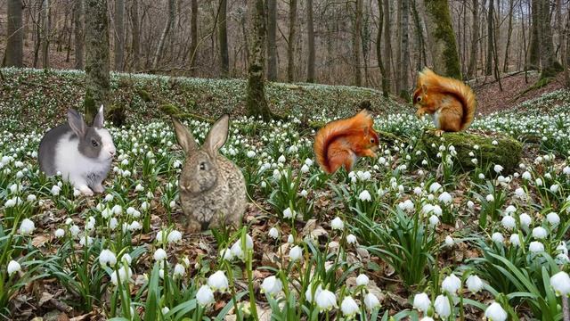 Зайцы и белки в лесу с подснежниками смотреть онлайн