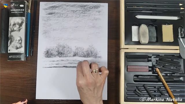 ГРАФИКА | УГОЛЬ. Рисуем ДЕРЕВО, отраженное в воде | ВЕСЕННИЙ ПЕЙЗАЖ углем смотреть онлайн