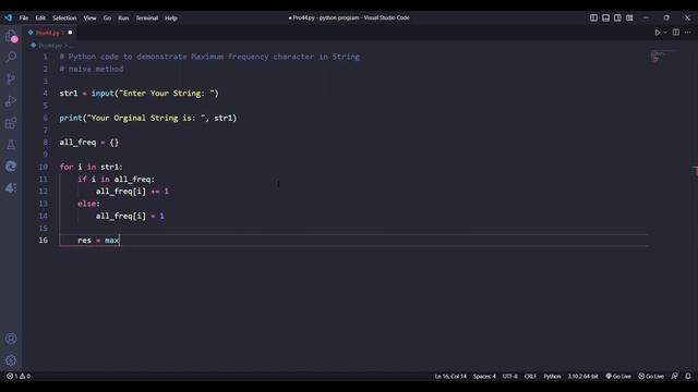 Python code to demonstrate the Maximum Frequent Character in the naive String method#python #coding