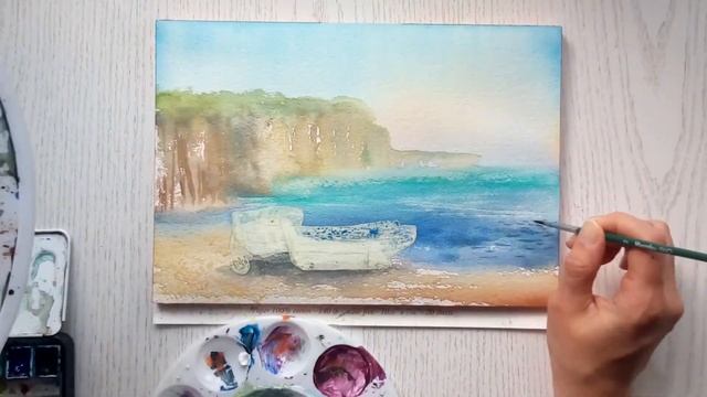 Живопись акварелью " Лодки среди скал"+ контуры смотреть онлайн