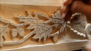 OAK LEAF FIREPLACE MANTEL WOODCARVING - "GOD SO LOVED" - Relief Wood Carving Oak Leaves & Lettering