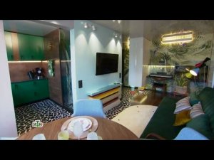 "Квартирный вопрос": Гостиная и кухня с элементами меди, пальмовых листьев и колотой плитки