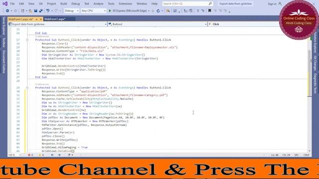 Gridview to pdf(.pdf) export using asp.net | Visual basic hindi tutorial | Online coding class