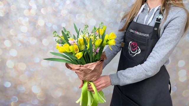 Обзор на букет с желтыми нарциссами "Лимонный щербет"