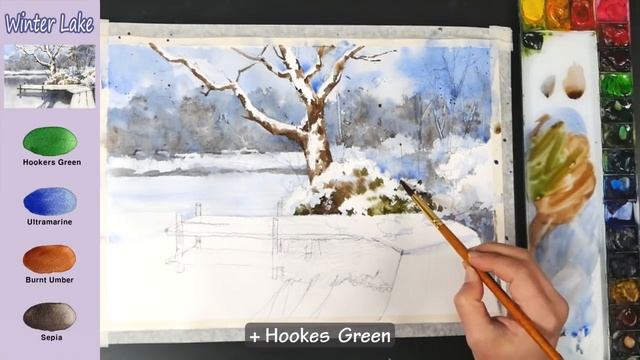 Only 4 Colors Landscape Watercolor - Winter Lake (sketch & color name, watercolor material) смотреть онлайн