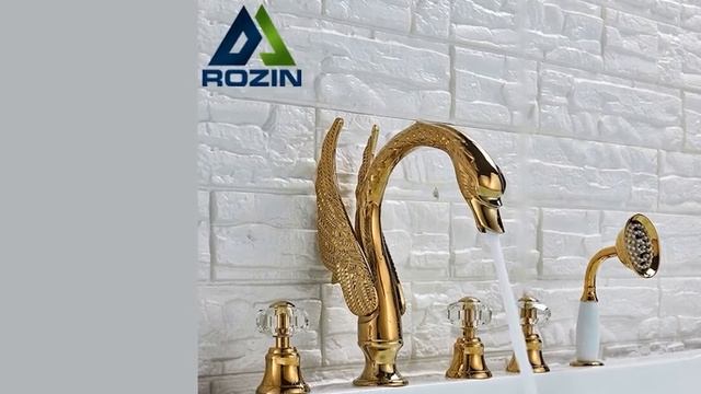 Золотистый смеситель для ванны с кристальной ручкой в виде лебедя, устанавливаемый на бортике, смотреть онлайн