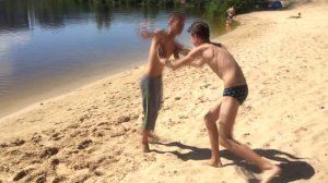 Boys wrestling near Energodar lake. Jeka VS Valeriy