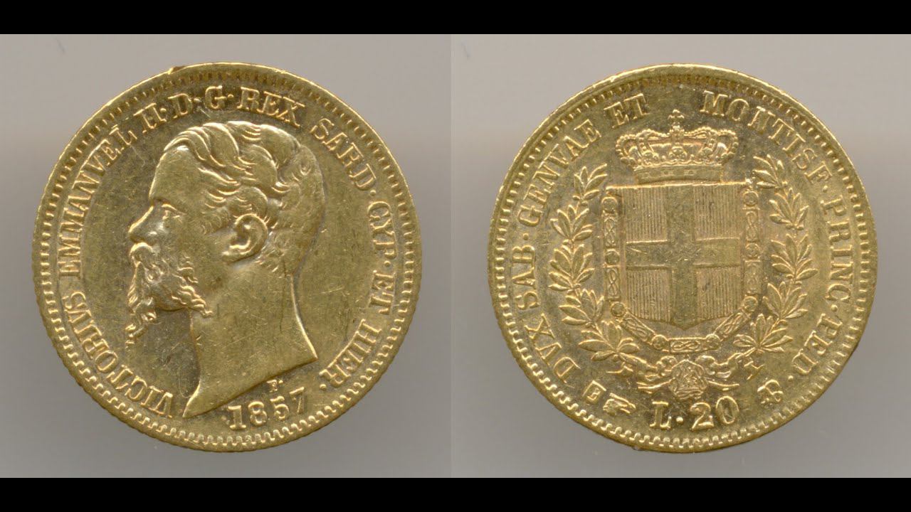 Нумизматика. Золотая монета. Сардиния, 20 лир 1857 года.  About Uncirculated.