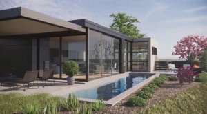 1 этажный флэтхаус с зенитным фонарем на плоской кровле, современная архитектура хайтэк, бассейн