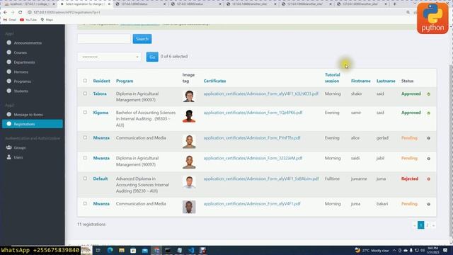 Django data table web design user application status