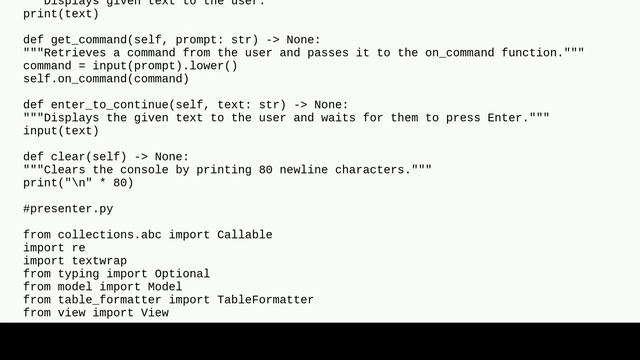 Codereview: Implementing Model-View-Presenter in a console program