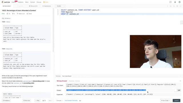 LeetCode 1633: Percentage of Users Attended a Contest [SQL]