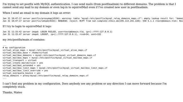 DevOps & SysAdmins: Postfix - User unknown in virtual mailbox table + authentification failed смотреть онлайн