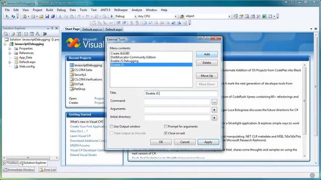 Enable Disable Javascript Debugging IE8 Visual Studio