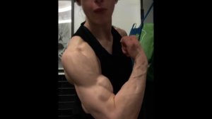 Pauline Nordin strong muscle woman with big biceps flex and workout
