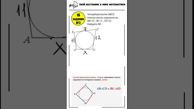 16 задание ОГЭ математика ФИПИ окружность вписанная в четырехугольник #маттайм #огэматематика #short