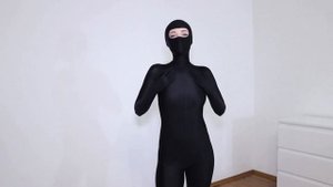 Beautiful Black Shiny Zentai Girl With Her Mask