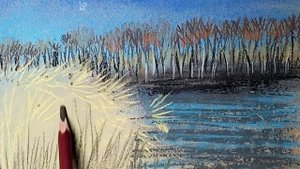 Холодная река. Рисунок пейзажа сухой пастелью.