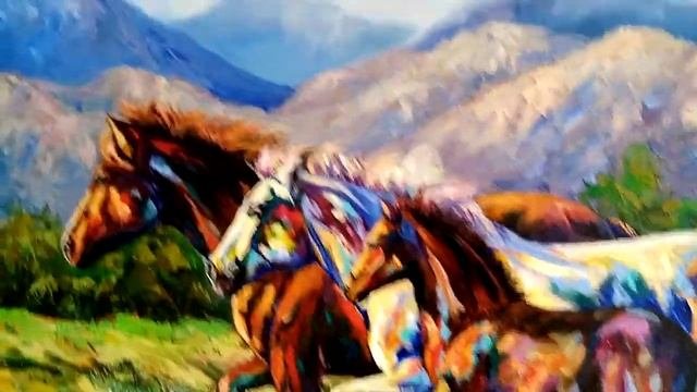 Яркая картина маслом лошади горный пейзаж Painting Original Art