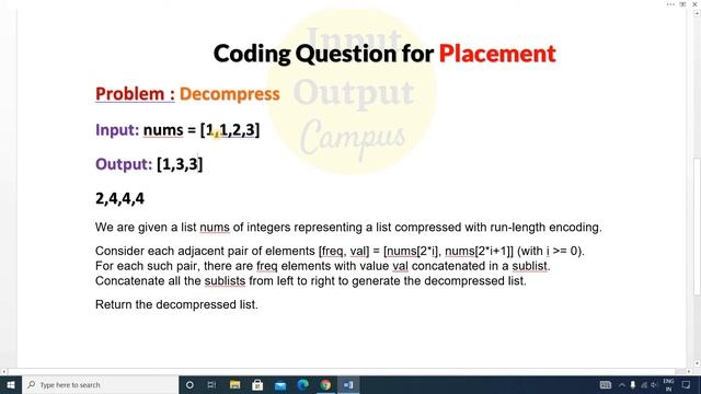 Top 100 Coding Question for Placement - 41 | Decompress Run-length Encoded List