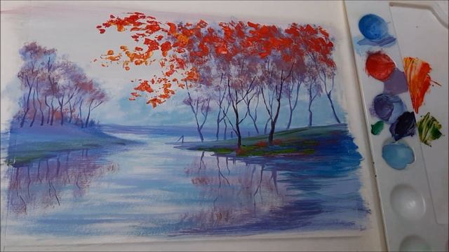 РИСУЕМ ОСЕНЬ ГУАШЬЮ ПОЭТАПНО!?КАК НАРИСОВАТЬ ОСЕННИЙ ПЕЙЗАЖ ГУАШЬЮ КИСТЬЮ И МАСТИХИНОМ. смотреть онлайн