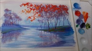 РИСУЕМ ОСЕНЬ ГУАШЬЮ ПОЭТАПНО!?КАК НАРИСОВАТЬ ОСЕННИЙ ПЕЙЗАЖ ГУАШЬЮ КИСТЬЮ И МАСТИХИНОМ.