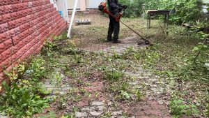 Покос брусчатки на заросшем участке в Шмеленках