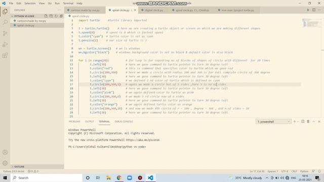 how to make flower type circle spiral with turtle in python in vs code