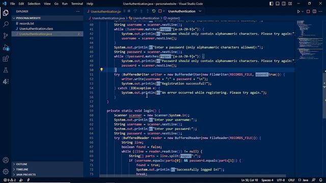 Java code implementation for the registration and login functionality with txt file as our database