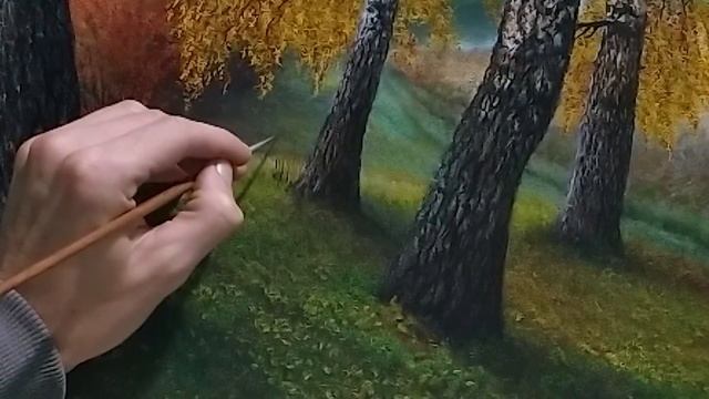 Как нарисовать тонкие веточки и траву маслом|пишем маслом осенний пейзаж|часть 3