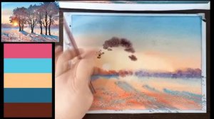 Зимний вечер - акварельный пейзаж с применением соли