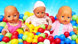 Triplets Baby Dolls at the Ball Pit: Funny Videos for Kids