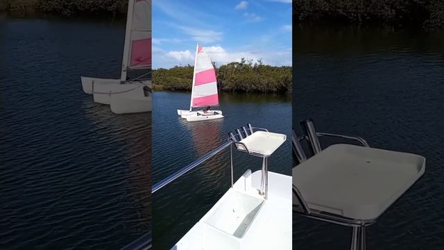 Sailing Trimaran viewed from Power Fishing Catamaran.