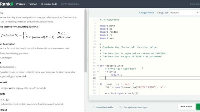 HackerRank 30 Days of Code | Day 9: Recursion 3 | Python