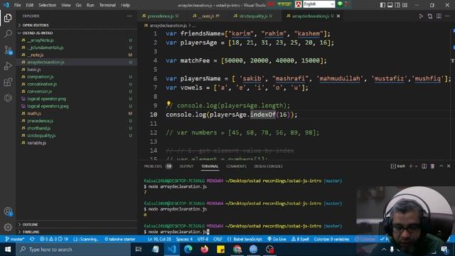 Javascript declare array,array length, array index