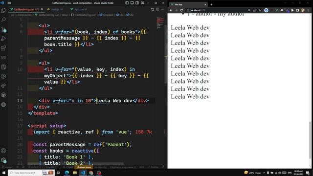 13. List Rendering using v-for Directive in Vue3 Composition API and Key attribute in v-for - Vue 3