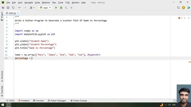 Write A Python Program To Generate A Scatter Plot Of Name Vs Percentage