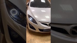 Mazda 6 gh установка светодиодных линз, ангельских глазок, антихром масок и новые стёкла.
