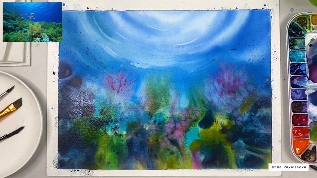 Рисую Коралловый риф с рыбками акварелью