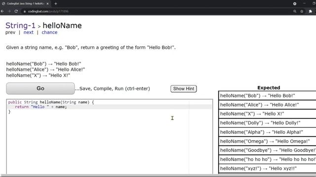 CodingBat Java: String 1 helloName
