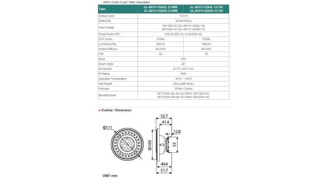 LED-лампа Glacialtech AR111-V2AD-12 G53 12W 2700K 64W (на правах рекламы) смотреть онлайн