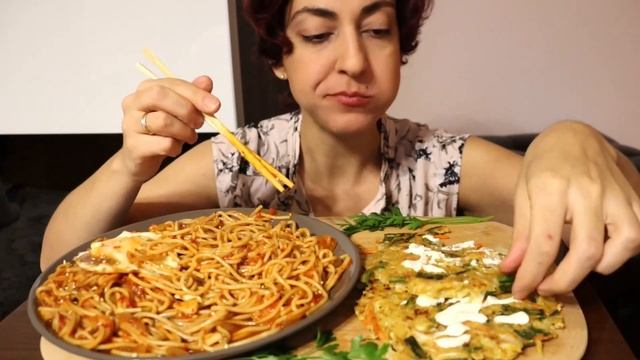 MUKBANG/ МУКБАНГ! рецепт КОРЕЙСКИЕ БЛИНЧИКИ/ЛАПША В ТОМАТНОМ СОУСЕ/ЯИЧНИЦА♡ KOREAN PANCAKES/NOODLES