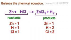 Balance the chemical equation.  Zn+hcl=zncl2+h2.  Zinc+hydrogen chloride=zinc chloride+hydrogen.