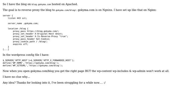 WordPress Hosted on Apache Served With Nginx - Reverse Proxy not working for certain folders