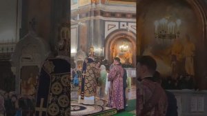 Патриарх Кирилл помазывает елеем добровольцев в канун праздника Благовещения Пресвятой Богородицы