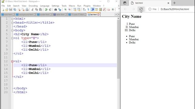 HTML Ordered List(ol) Unorder list(ul) with use type & start Attributes | HTML List with Attributes
