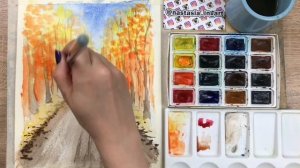 Пейзаж с дорогой и деревьями. Урок акварели