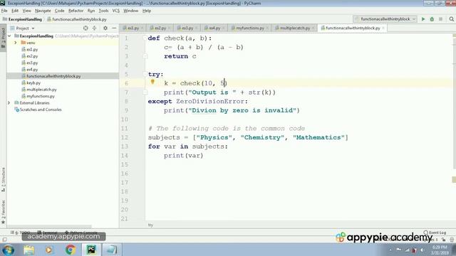 Calling a function from within try block - Lesson 134