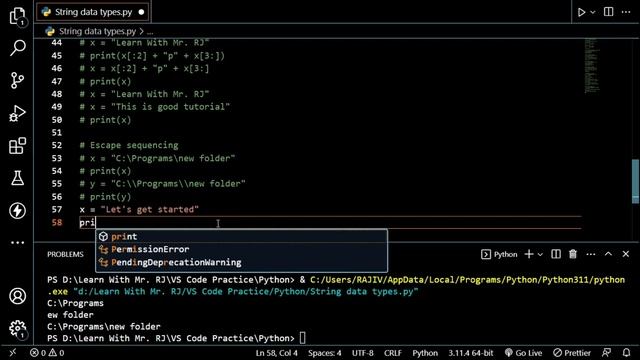 Data Types in Python String Practice Part 3 (Escape Sequencing) @LearnWithMrRJ