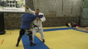 Комбинируем подсечку изнутри с задней подножкой, с захватом за пояс на спине.